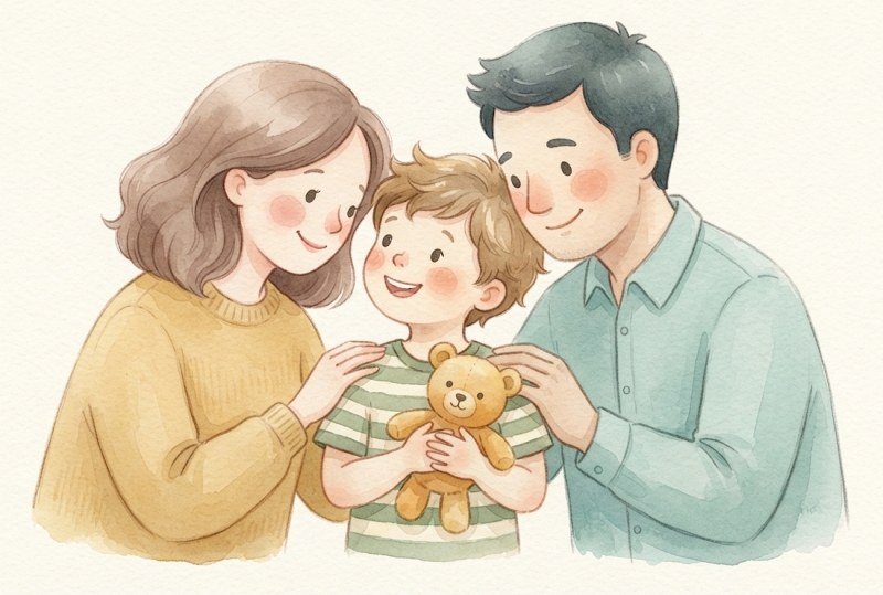 Watercolor illustration of a mother and father with their hands on their smiling son's shoulders as he hugs a teddy bear